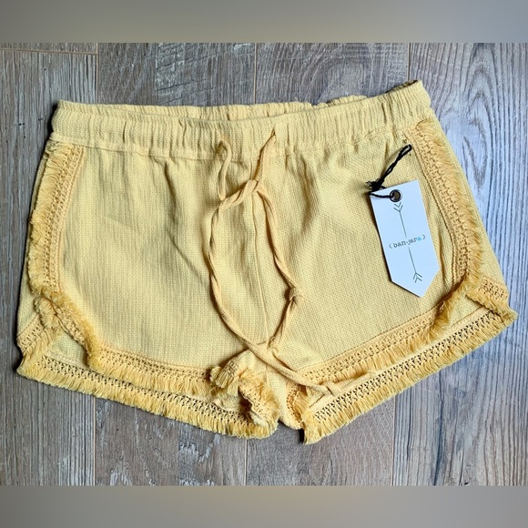 Banjara Yellow Beachy Shorts with Drawstring Waist and Fringe Trim - Picture 1 of 4